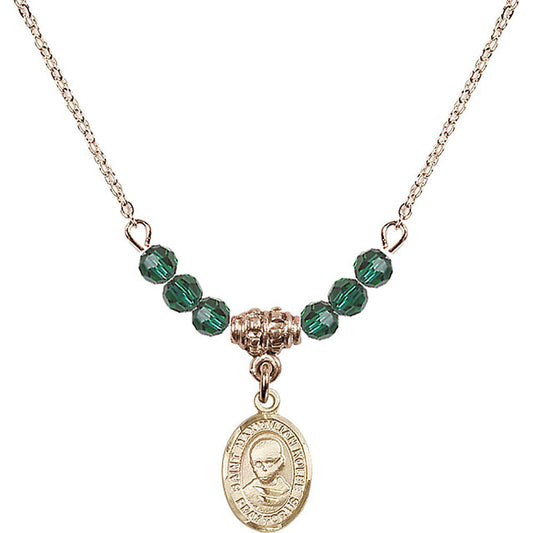 14kt Gold Filled Saint Maximilian Kolbe Birthstone Necklace with Emerald Beads - 9073