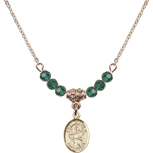 14kt Gold Filled Saint Matthew the Apostle Birthstone Necklace with Emerald Beads - 9074