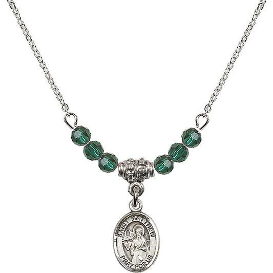 Sterling Silver Saint Matthew the Apostle Birthstone Necklace with Emerald Beads - 9074
