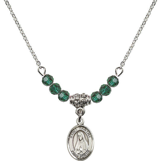 Sterling Silver Saint Martha Birthstone Necklace with Emerald Beads - 9075