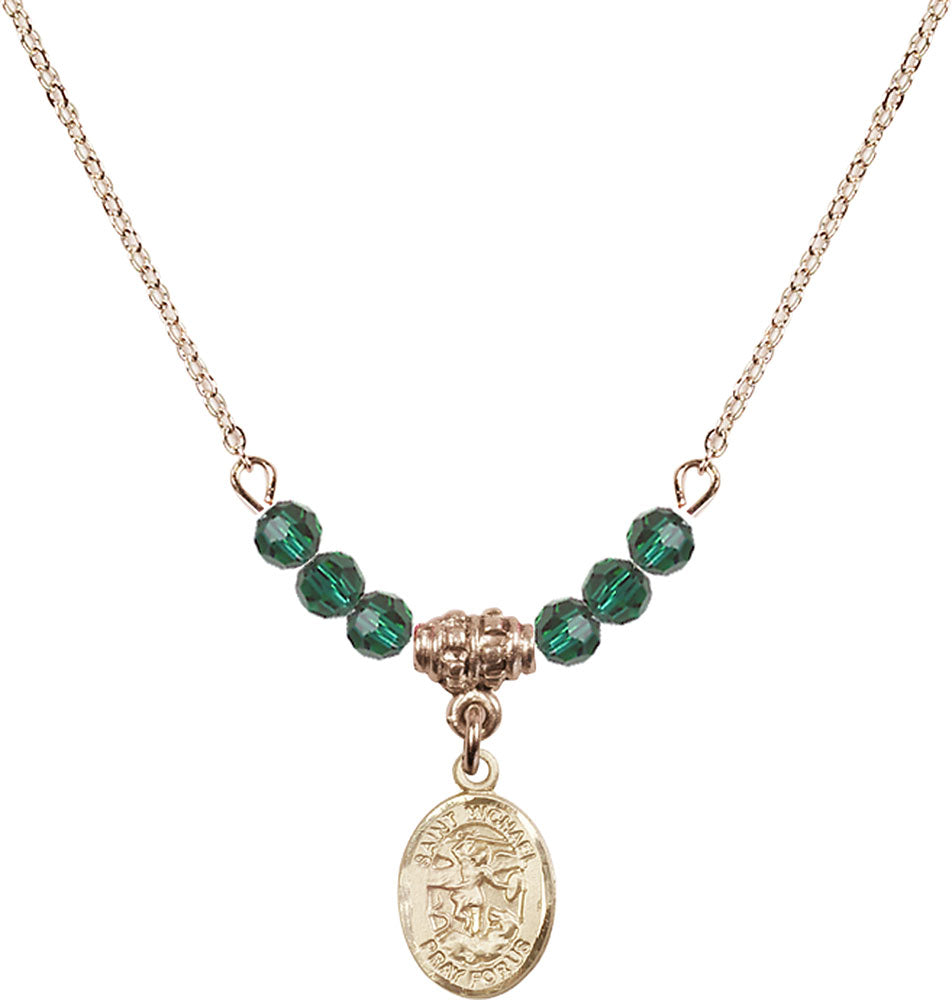 14kt Gold Filled Saint Michael the Archangel Birthstone Necklace with Emerald Beads - 9076