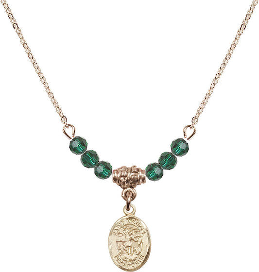 14kt Gold Filled Saint Michael the Archangel Birthstone Necklace with Emerald Beads - 9076
