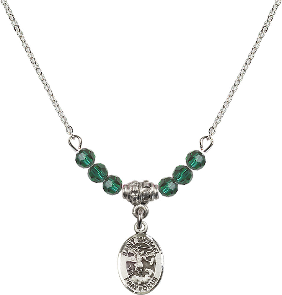 Sterling Silver Saint Michael the Archangel Birthstone Necklace with Emerald Beads - 9076