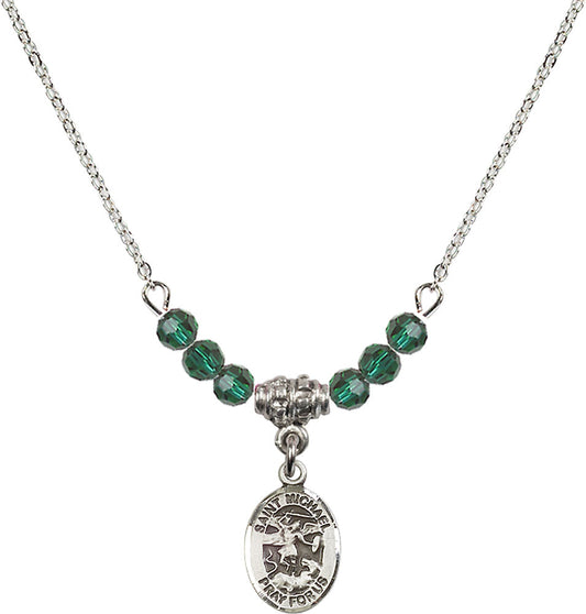Sterling Silver Saint Michael the Archangel Birthstone Necklace with Emerald Beads - 9076