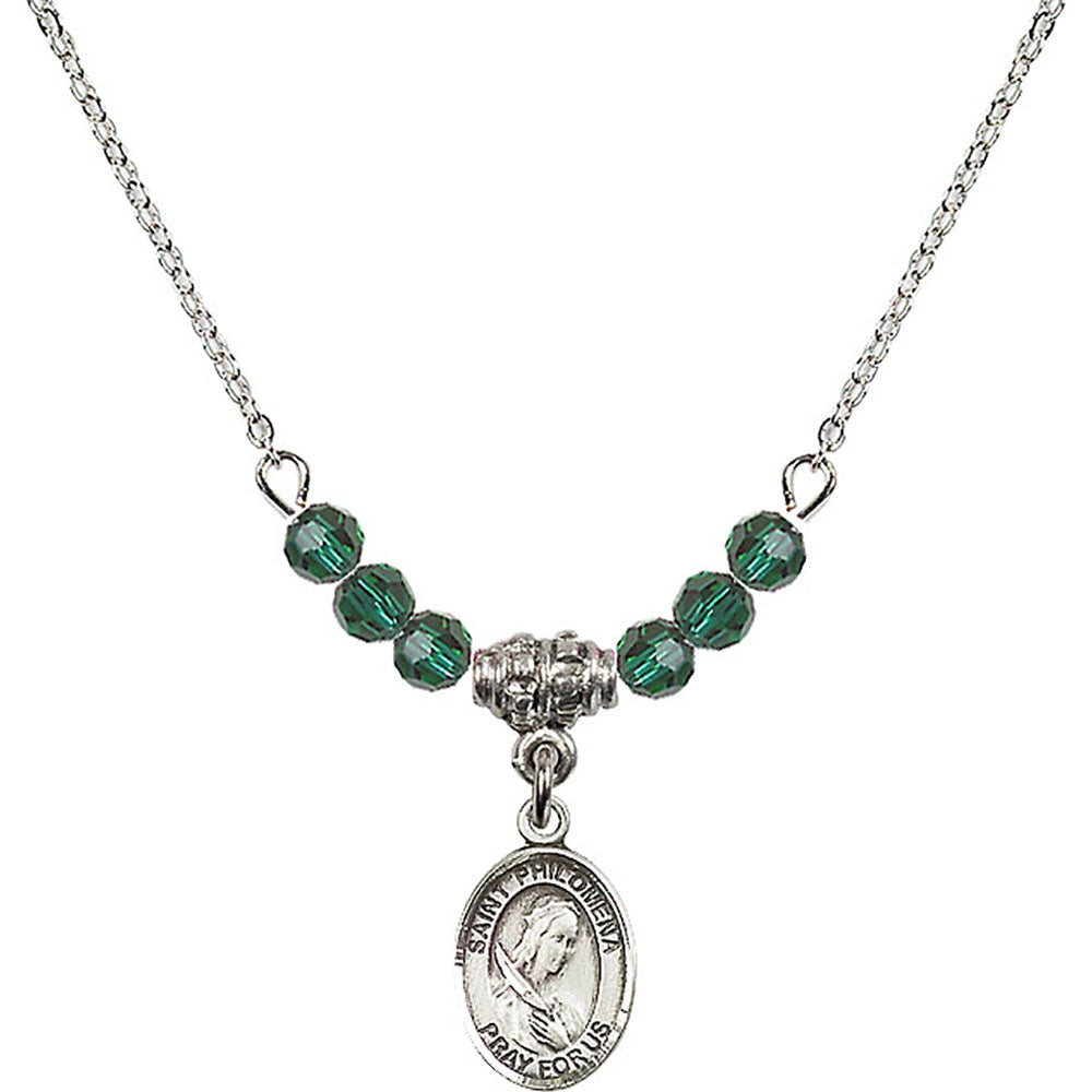 Sterling Silver Saint Philomena Birthstone Necklace with Emerald Beads - 9077