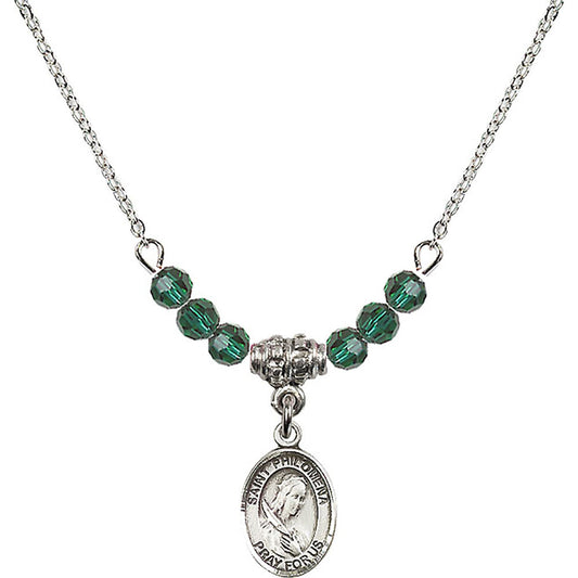Sterling Silver Saint Philomena Birthstone Necklace with Emerald Beads - 9077