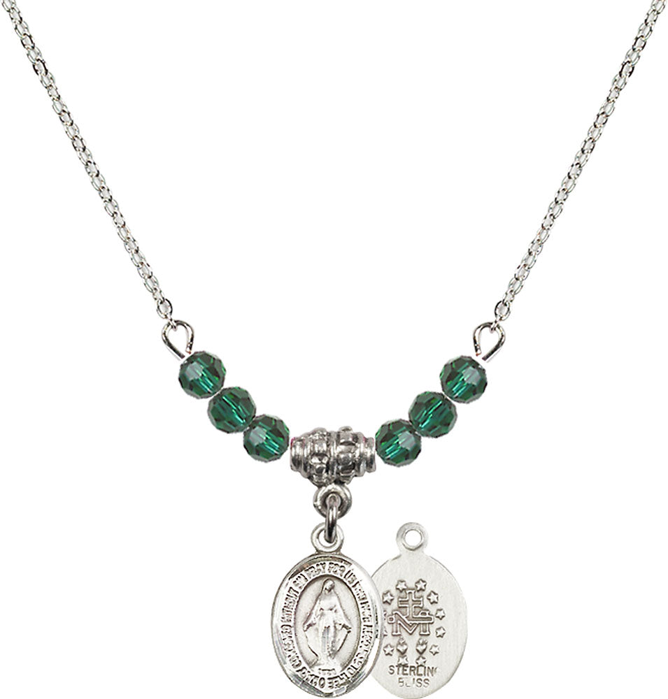 Sterling Silver Miraculous Birthstone Necklace with Emerald Beads - 9078