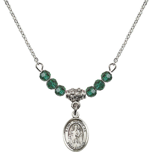 Sterling Silver Saint Nicholas Birthstone Necklace with Emerald Beads - 9080