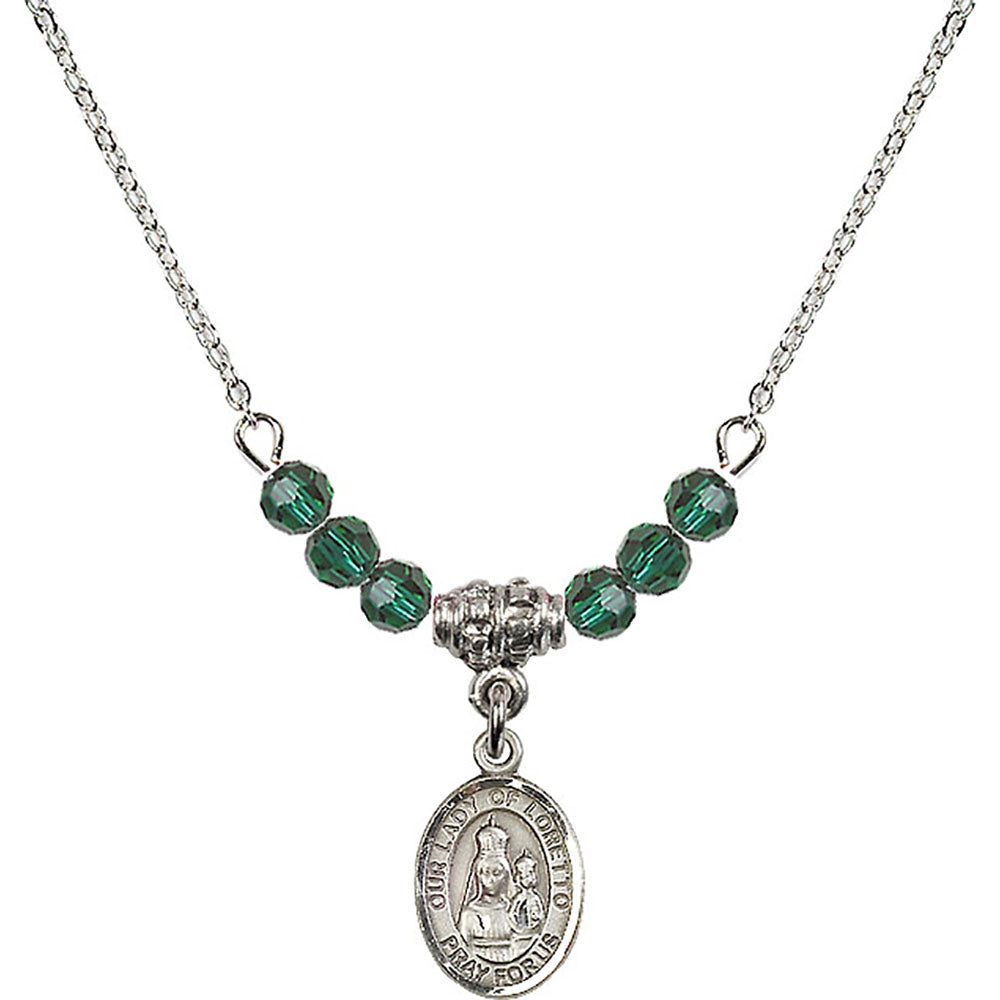 Sterling Silver Our Lady of Loretto Birthstone Necklace with Emerald Beads - 9082