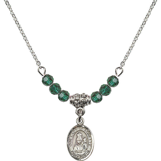 Sterling Silver Our Lady of Loretto Birthstone Necklace with Emerald Beads - 9082