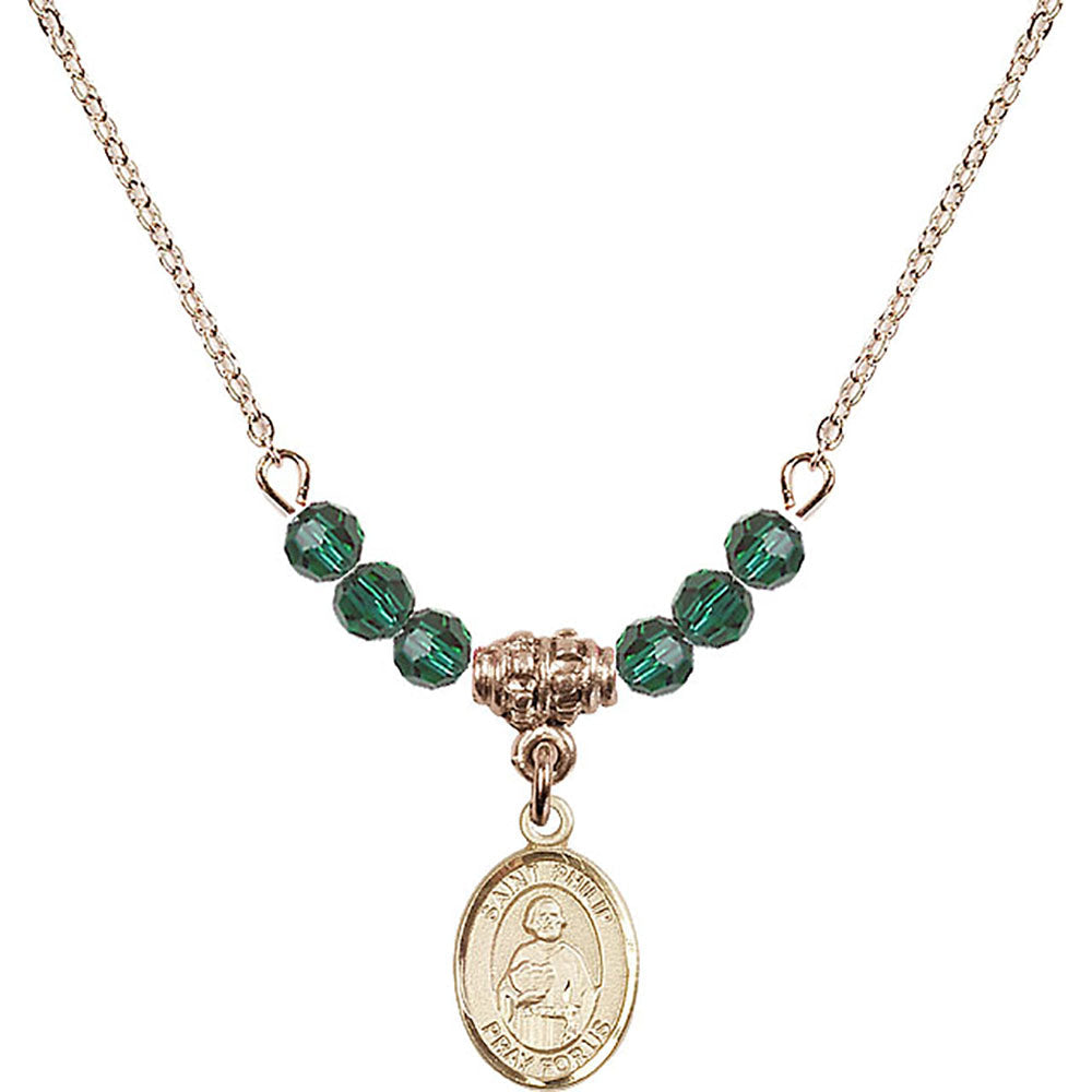 14kt Gold Filled Saint Philip the Apostle Birthstone Necklace with Emerald Beads - 9083