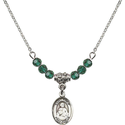 Sterling Silver Saint Philip the Apostle Birthstone Necklace with Emerald Beads - 9083