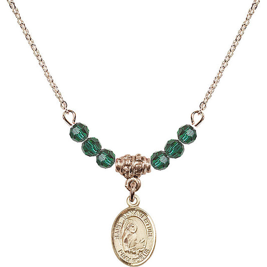 14kt Gold Filled Saint Bonaventure Birthstone Necklace with Emerald Beads - 9085