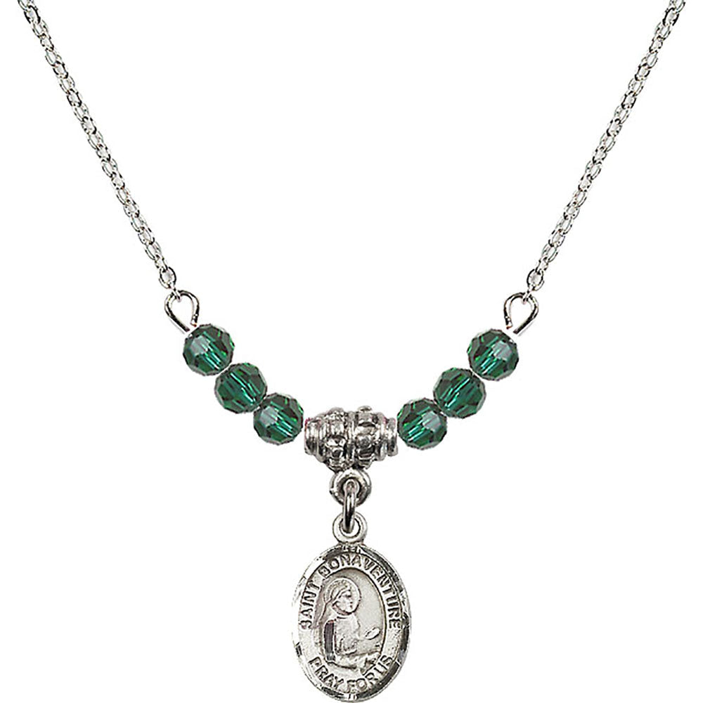 Sterling Silver Saint Bonaventure Birthstone Necklace with Emerald Beads - 9085