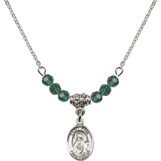 Sterling Silver Saint Paul the Apostle Birthstone Necklace with Emerald Beads - 9086