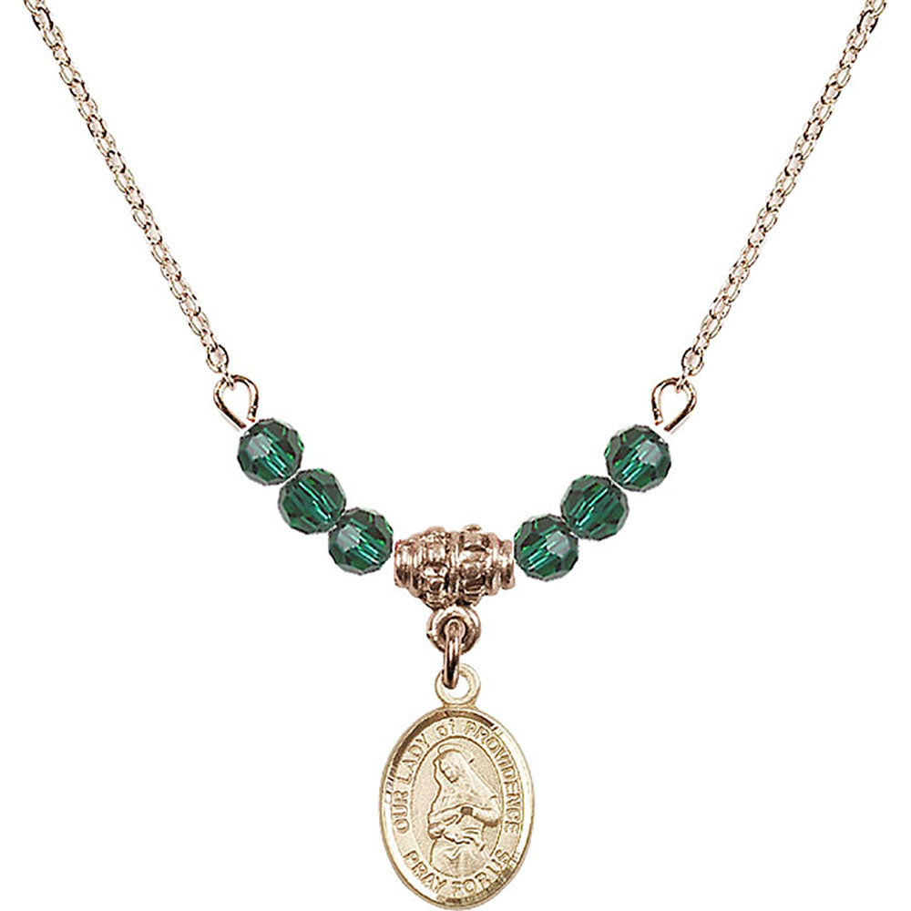 14kt Gold Filled Our Lady of Providence Birthstone Necklace with Emerald Beads - 9087