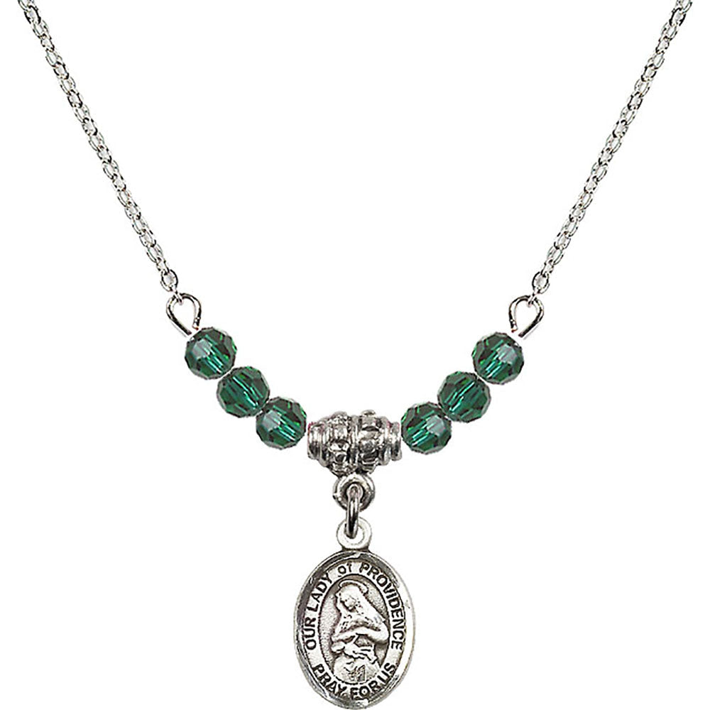 Sterling Silver Our Lady of Providence Birthstone Necklace with Emerald Beads - 9087