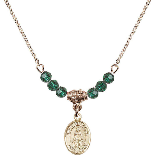 14kt Gold Filled Saint Peregrine Laziosi Birthstone Necklace with Emerald Beads - 9088