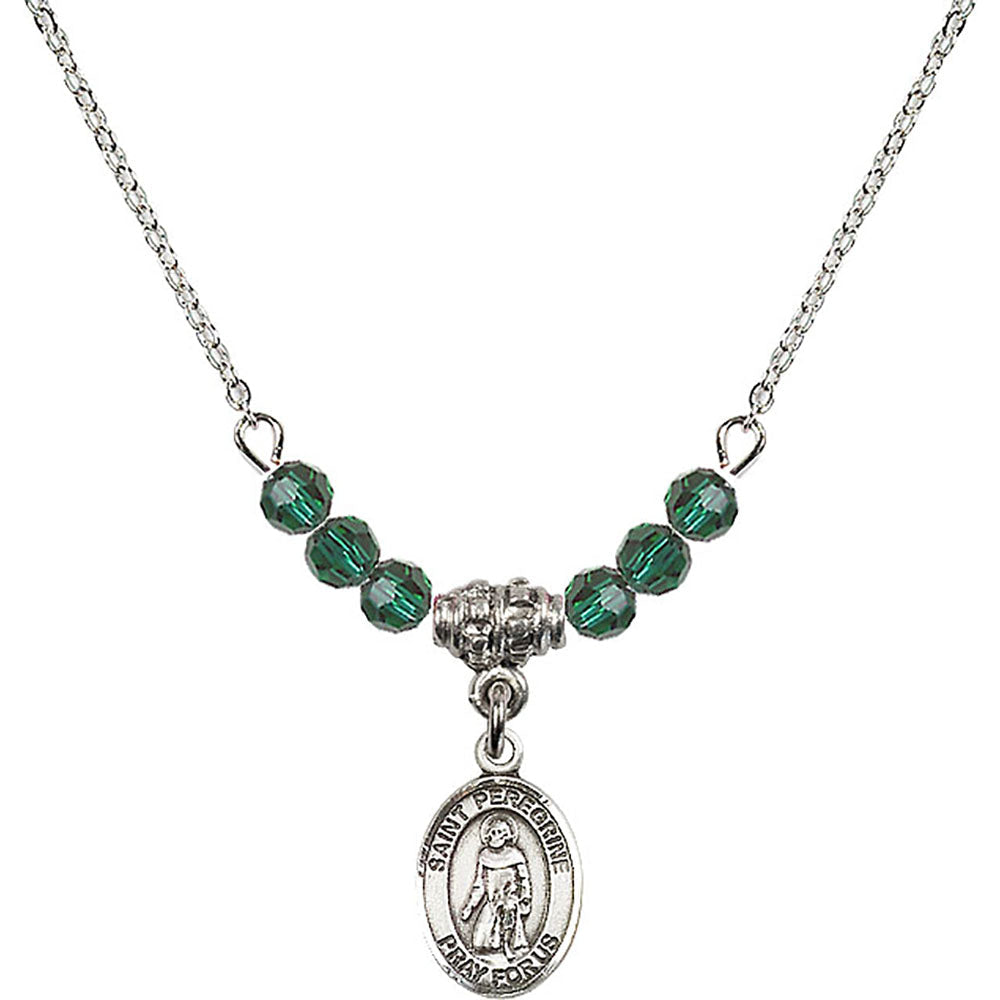Sterling Silver Saint Peregrine Laziosi Birthstone Necklace with Emerald Beads - 9088