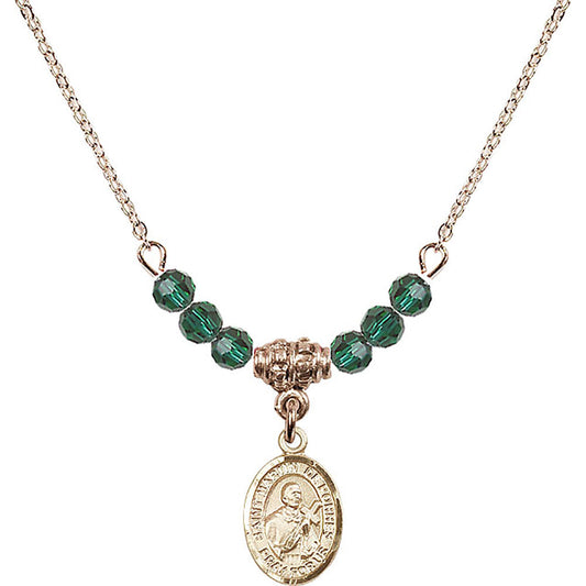 14kt Gold Filled Saint Martin de Porres Birthstone Necklace with Emerald Beads - 9089