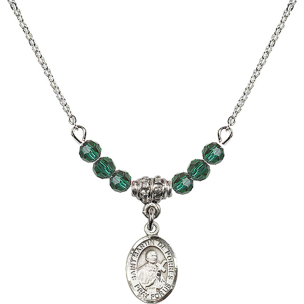 Sterling Silver Saint Martin de Porres Birthstone Necklace with Emerald Beads - 9089