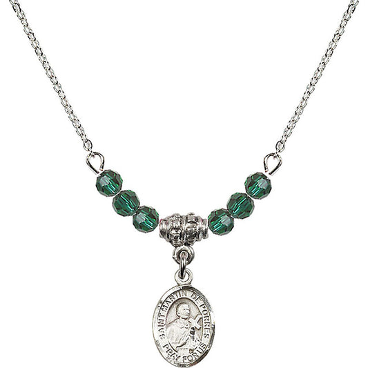 Sterling Silver Saint Martin de Porres Birthstone Necklace with Emerald Beads - 9089