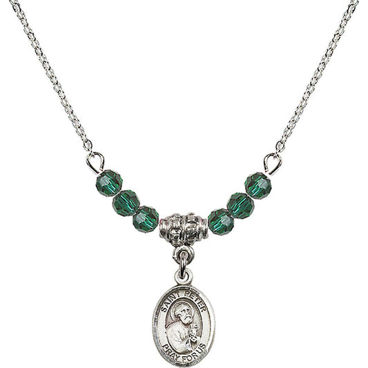 Sterling Silver Saint Peter the Apostle Birthstone Necklace with Emerald Beads - 9090