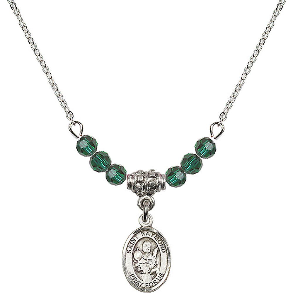 Sterling Silver Saint Raymond Nonnatus Birthstone Necklace with Emerald Beads - 9091