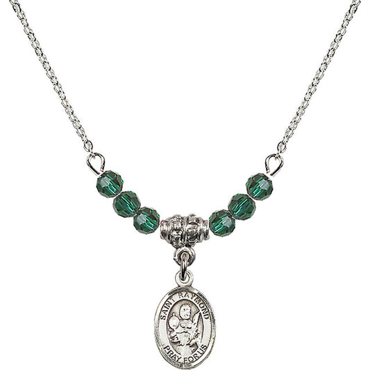 Sterling Silver Saint Raymond Nonnatus Birthstone Necklace with Emerald Beads - 9091