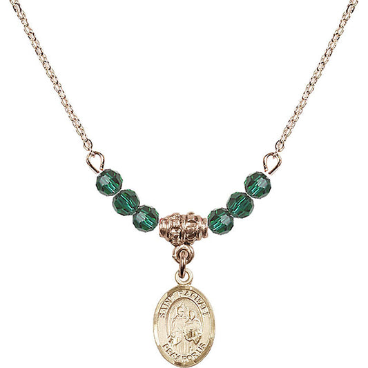 14kt Gold Filled Saint Raphael the Archangel Birthstone Necklace with Emerald Beads - 9092