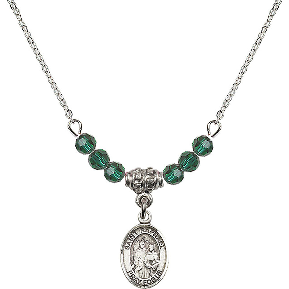 Sterling Silver Saint Raphael the Archangel Birthstone Necklace with Emerald Beads - 9092