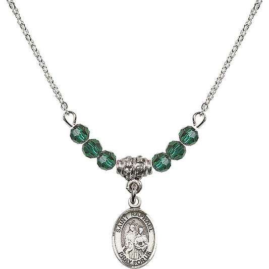 Sterling Silver Saint Raphael the Archangel Birthstone Necklace with Emerald Beads - 9092