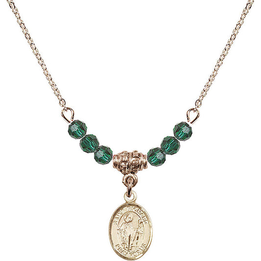 14kt Gold Filled Saint Richard Birthstone Necklace with Emerald Beads - 9093