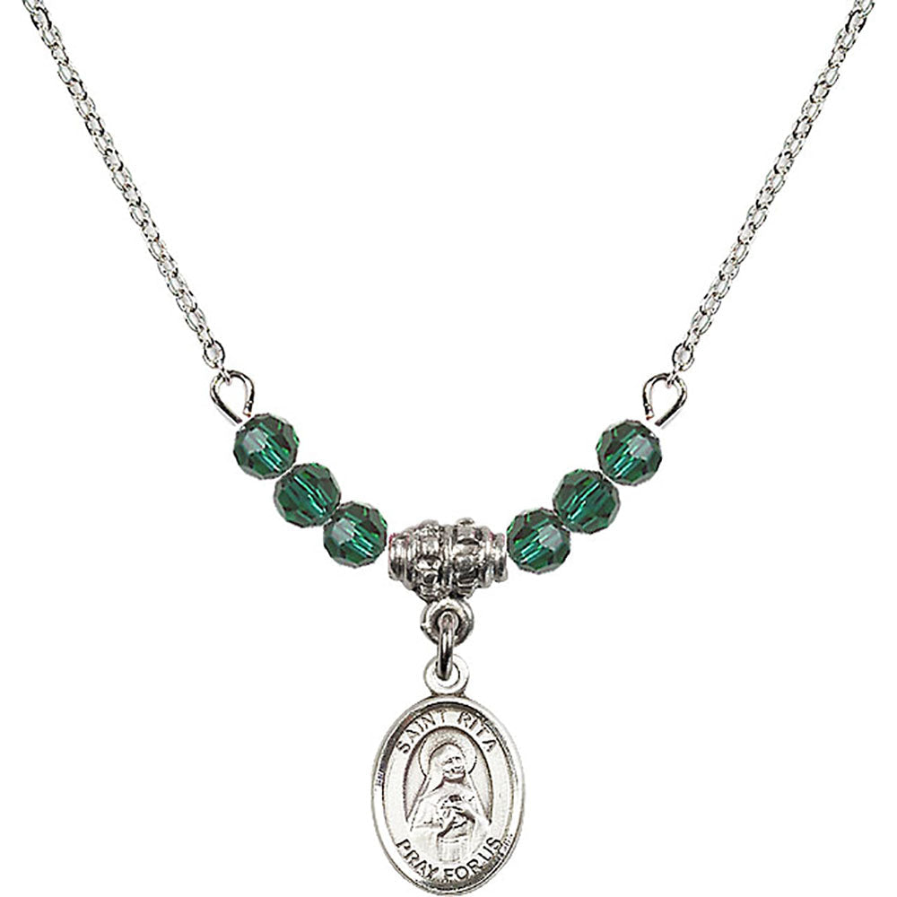Sterling Silver Saint Rita of Cascia Birthstone Necklace with Emerald Beads - 9094