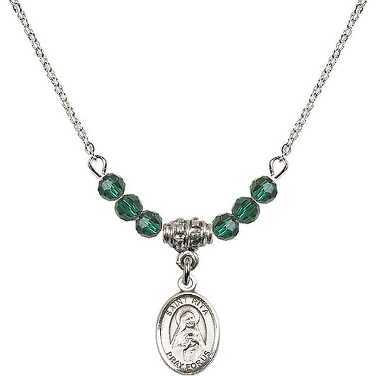 Sterling Silver Saint Rita of Cascia Birthstone Necklace with Emerald Beads - 9094