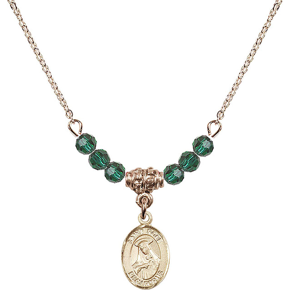 14kt Gold Filled Saint Rose of Lima Birthstone Necklace with Emerald Beads - 9095