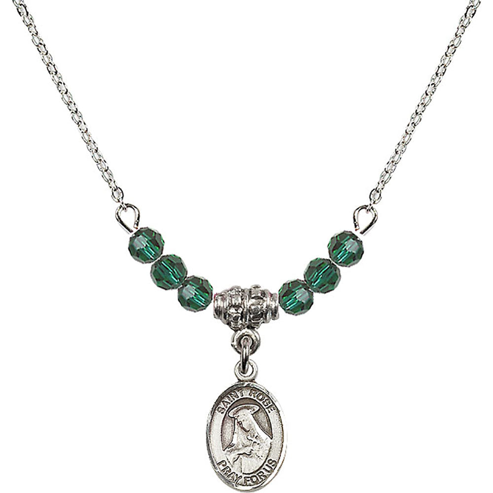 Sterling Silver Saint Rose of Lima Birthstone Necklace with Emerald Beads - 9095