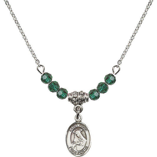 Sterling Silver Saint Rose of Lima Birthstone Necklace with Emerald Beads - 9095