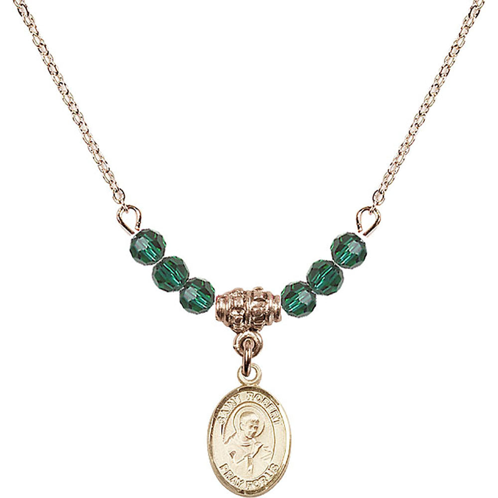 14kt Gold Filled Saint Robert Bellarmine Birthstone Necklace with Emerald Beads - 9096