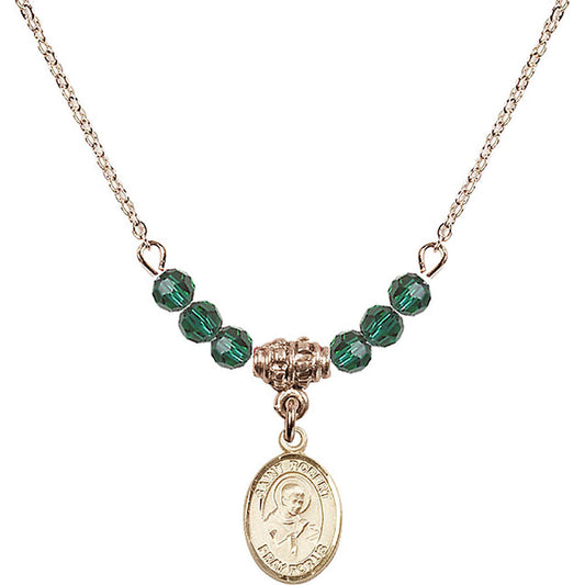 14kt Gold Filled Saint Robert Bellarmine Birthstone Necklace with Emerald Beads - 9096