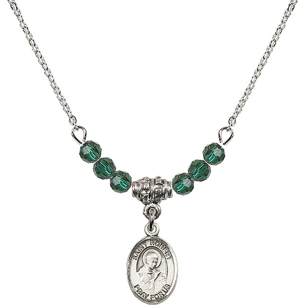 Sterling Silver Saint Robert Bellarmine Birthstone Necklace with Emerald Beads - 9096