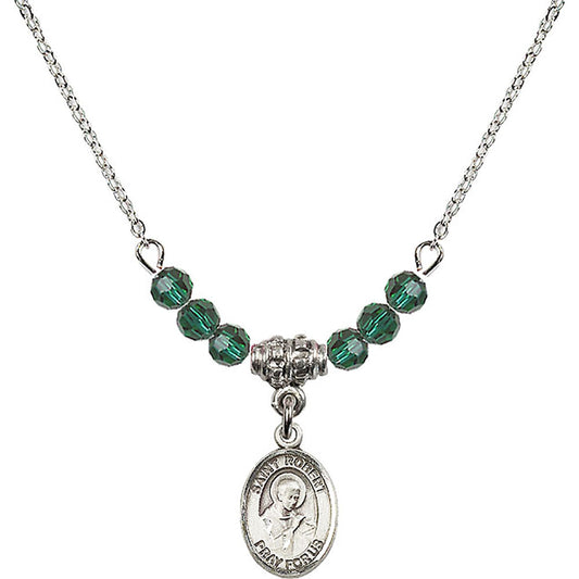 Sterling Silver Saint Robert Bellarmine Birthstone Necklace with Emerald Beads - 9096