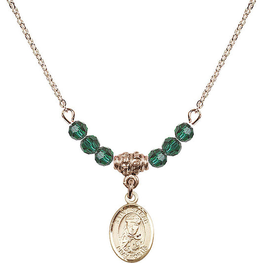 14kt Gold Filled Saint Sarah Birthstone Necklace with Emerald Beads - 9097