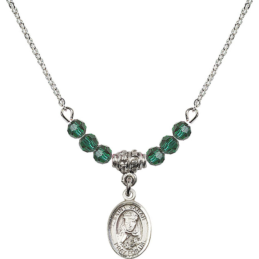 Sterling Silver Saint Sarah Birthstone Necklace with Emerald Beads - 9097