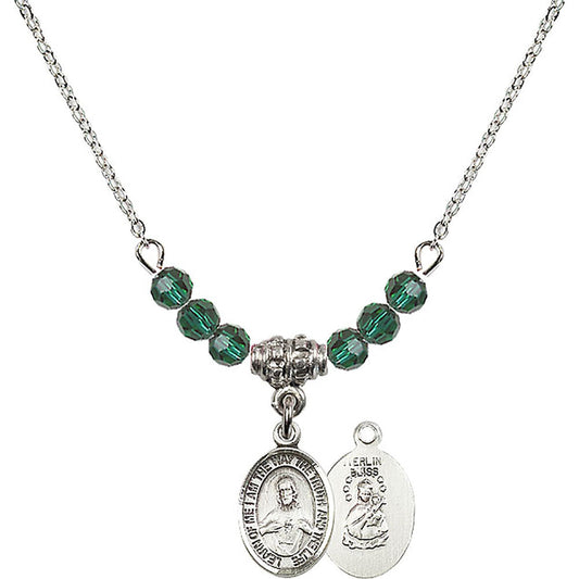 Sterling Silver Scapular Birthstone Necklace with Emerald Beads - 9098