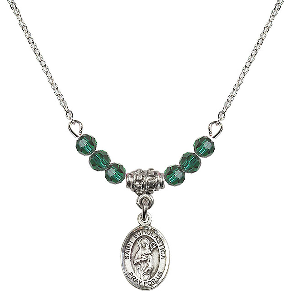 Sterling Silver Saint Scholastica Birthstone Necklace with Emerald Beads - 9099