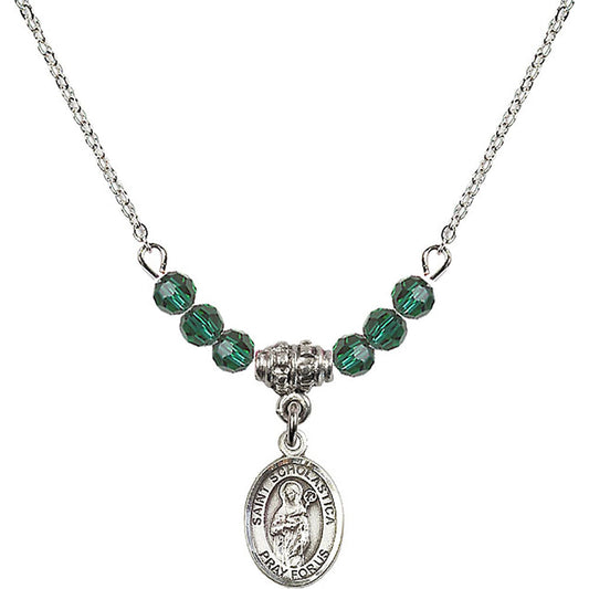 Sterling Silver Saint Scholastica Birthstone Necklace with Emerald Beads - 9099