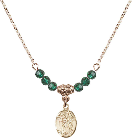14kt Gold Filled Saint Sebastian Birthstone Necklace with Emerald Beads - 9100