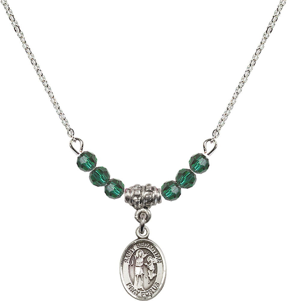 Sterling Silver Saint Sebastian Birthstone Necklace with Emerald Beads - 9100