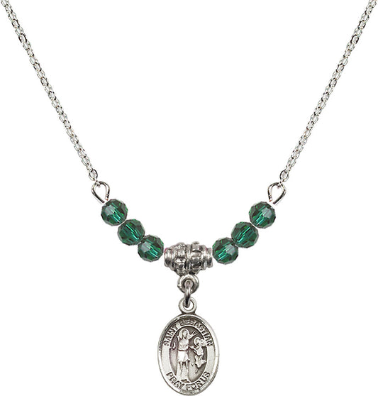 Sterling Silver Saint Sebastian Birthstone Necklace with Emerald Beads - 9100